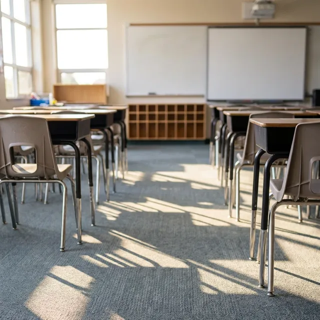 Bright modern classroom with desks and interactive display